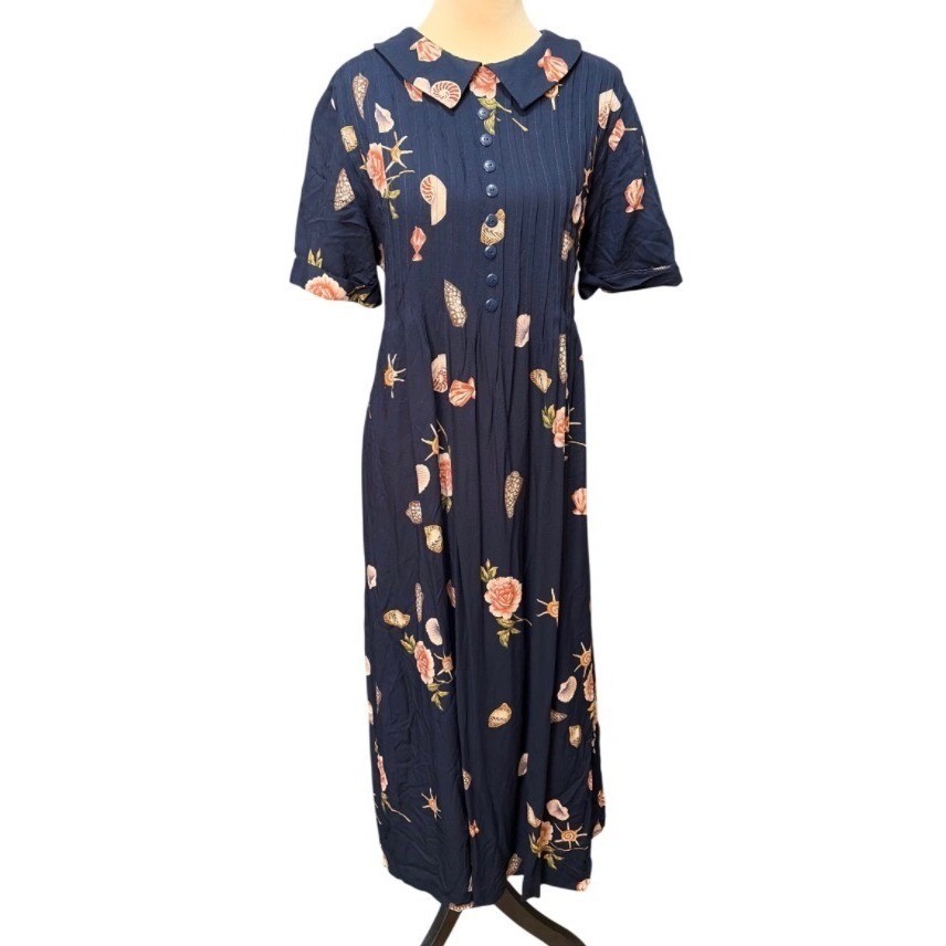 Casual Corner VTG Nautical Seashell Maxi Dress Navy Size 10 Peter Pan Collar