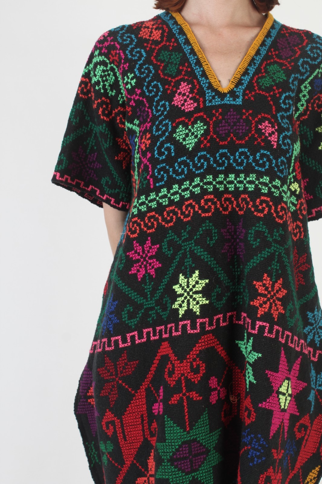Vintage Black Mexican Kaftan Embroidered Fringe Oaxacan Sundress Woven Caftan