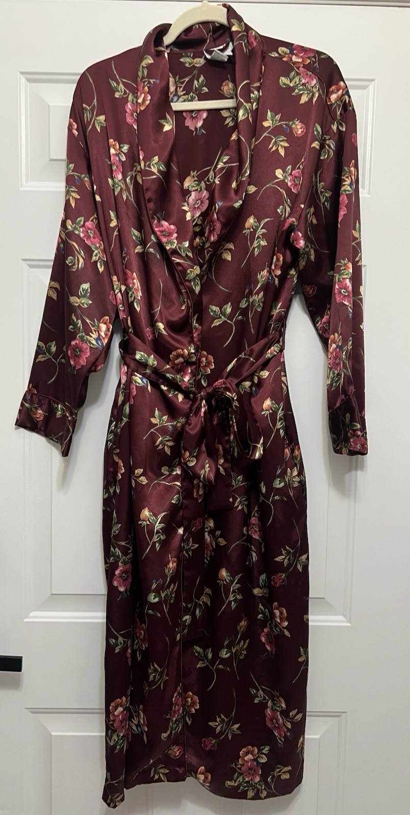 Vintage Red Wine Floral Satin Long Robe Dress Made In Korea Kimono Dress Medium