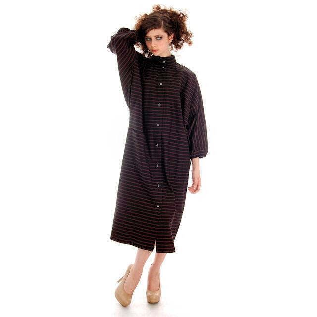VTG Vuokko Finland Minimalist Mod Black Cotton Stripe Dress S SIlver Popper Snap