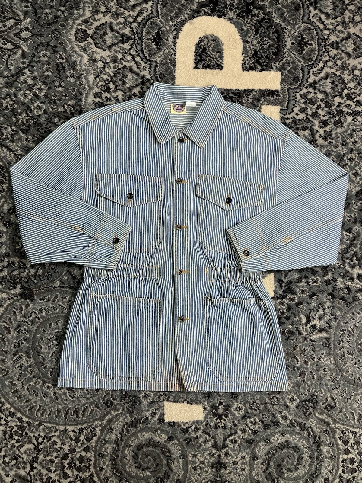 Vintage 1980s Women Hickory Stripe Denim Chore Jacket Made In USA Size Small