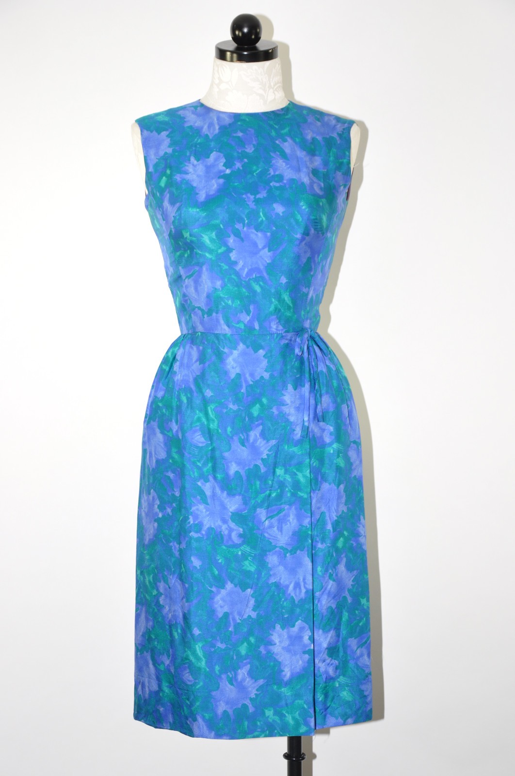 60s Vintage Iridescent Peacock Blue Silk Floral Cocktail Wiggle Dress Women XS S