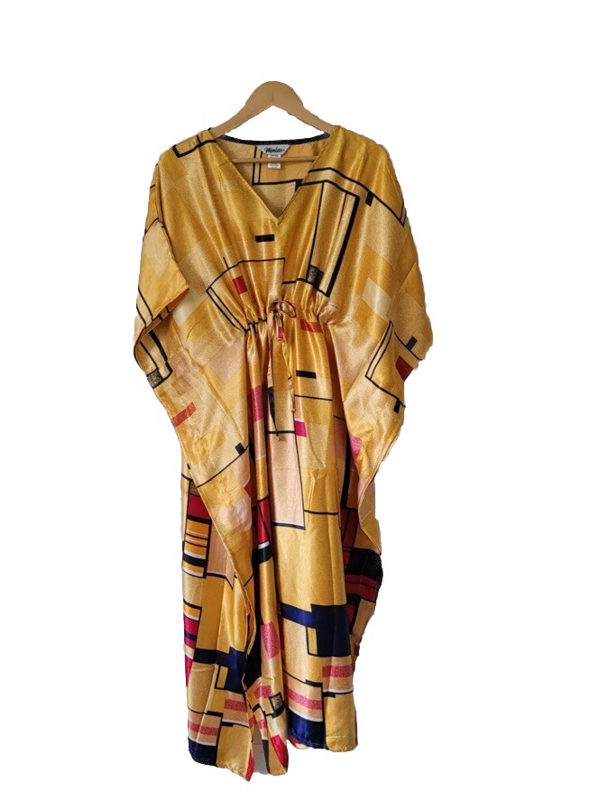 Silky Vintage Winlar Kaftan Golden Yellow Geometric Print One Size
