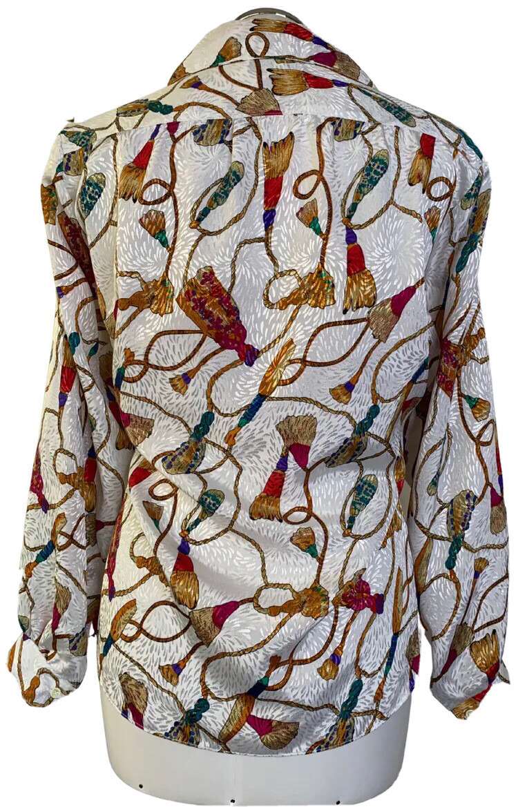 Vintage 80s All Hours Baroque Style Oversized Button Down Top Tassle Print L/XL