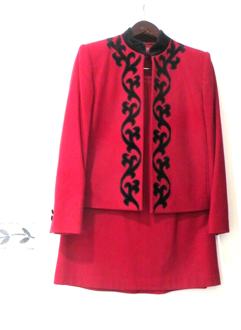 Vintage Sasson Wool Blend Red/ Velvet Trim Jacket & Skirt Set Sz. 8