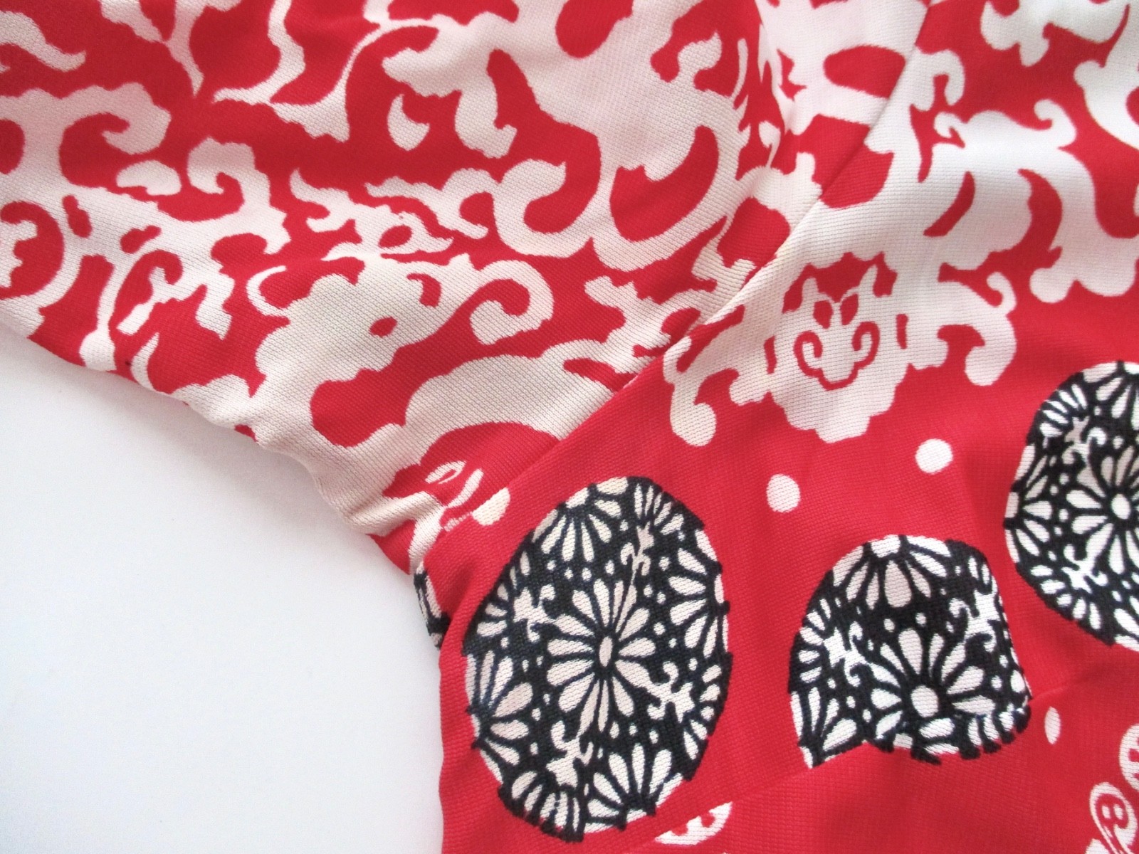 Vtg 60s 70s Sears Red Black White Geometric Asian Tunic Top Button Blouse XL