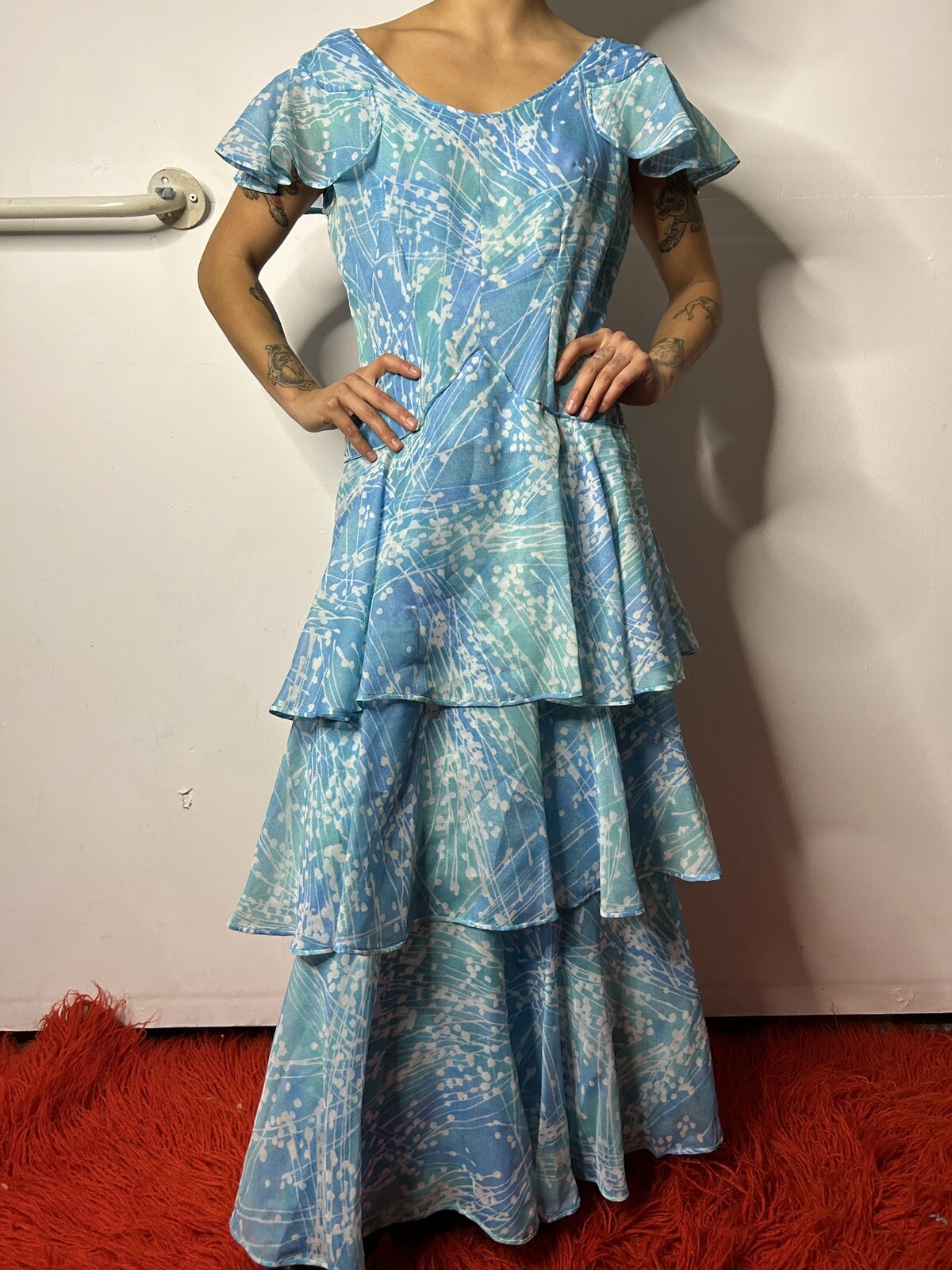 Vintage 1950s 1960s Handmade Tiered Gown Dress Blue Nylon Flutter Sleeves AU 8