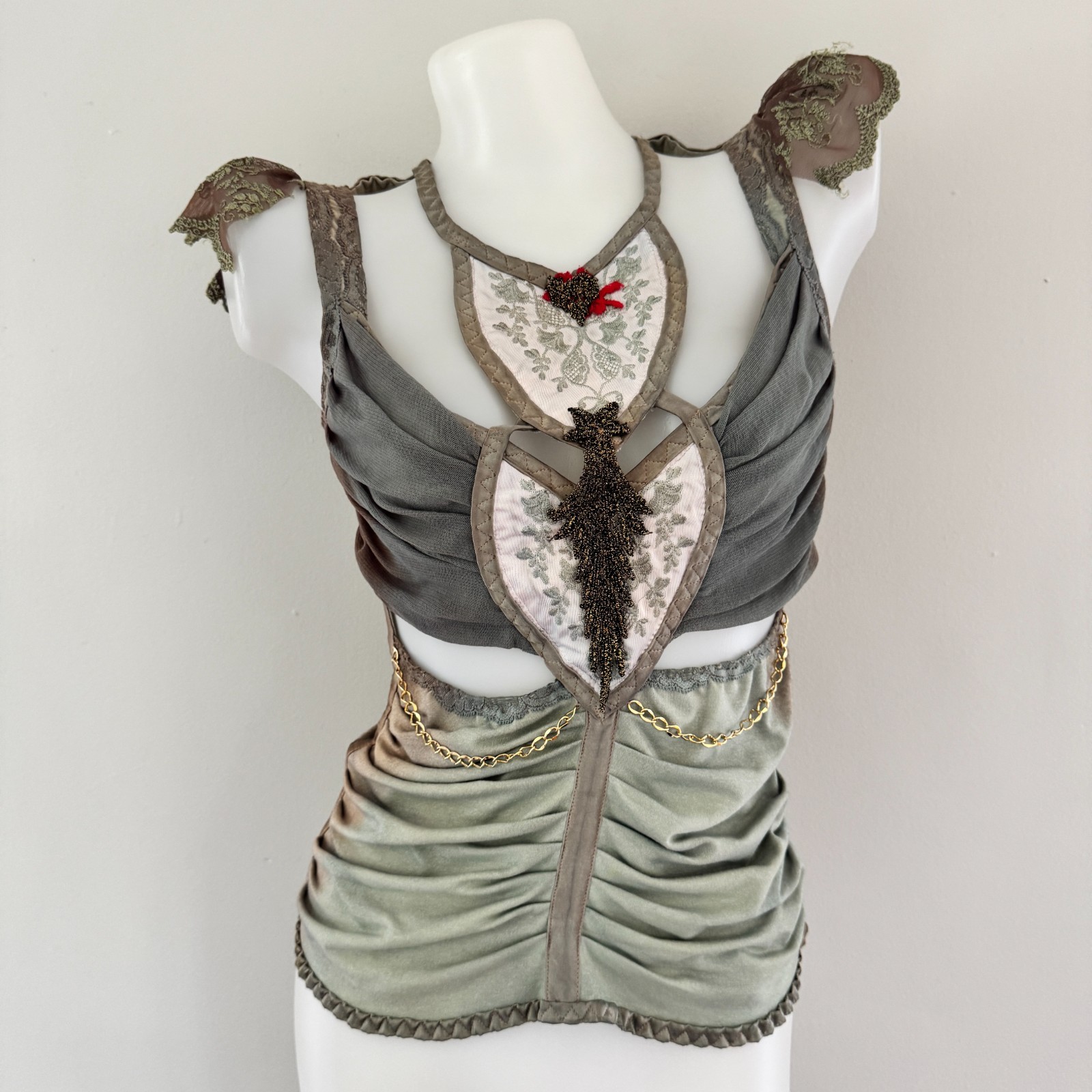 Y2K vtg CIGANA Lace Chain HANDMADE Corset Slip CUT-OUT Upcycled Tank Top Gypsy M