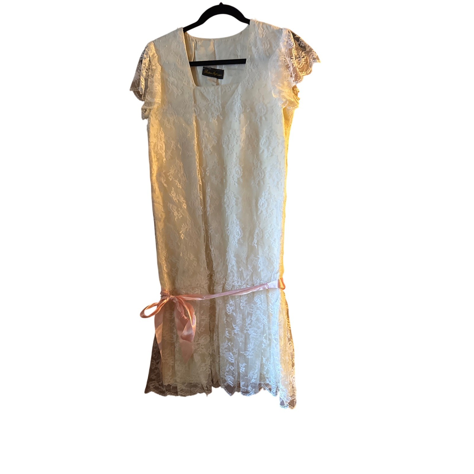 Positive Influence Lace Dress S Cream Pink Ribbon Drop Waist Coquette Flapper