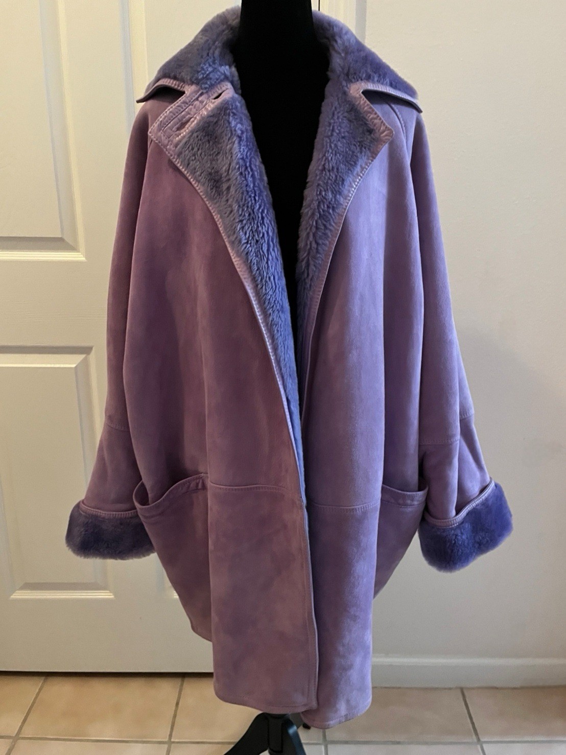 Vintage GIANNI VERSACE Purple Leather & Faux Fur Oversized Long Coat, Signed