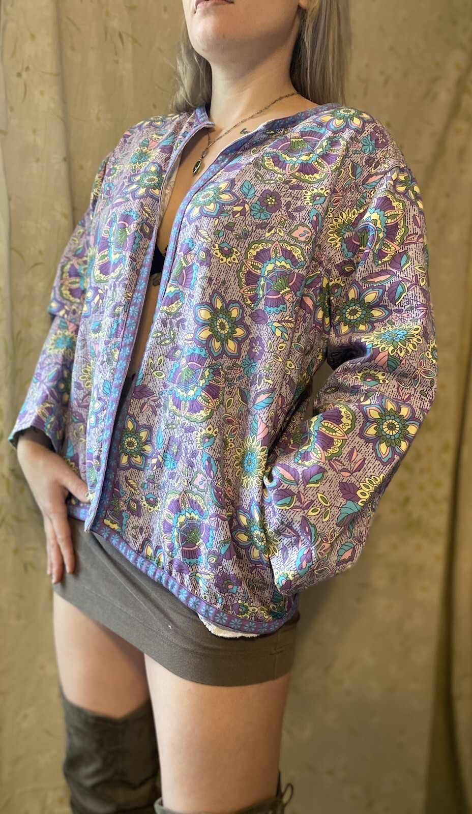 80’s Vintage Tudor Court Floral Vibrant Pastel Purple Tapestry Jacket Cardigan