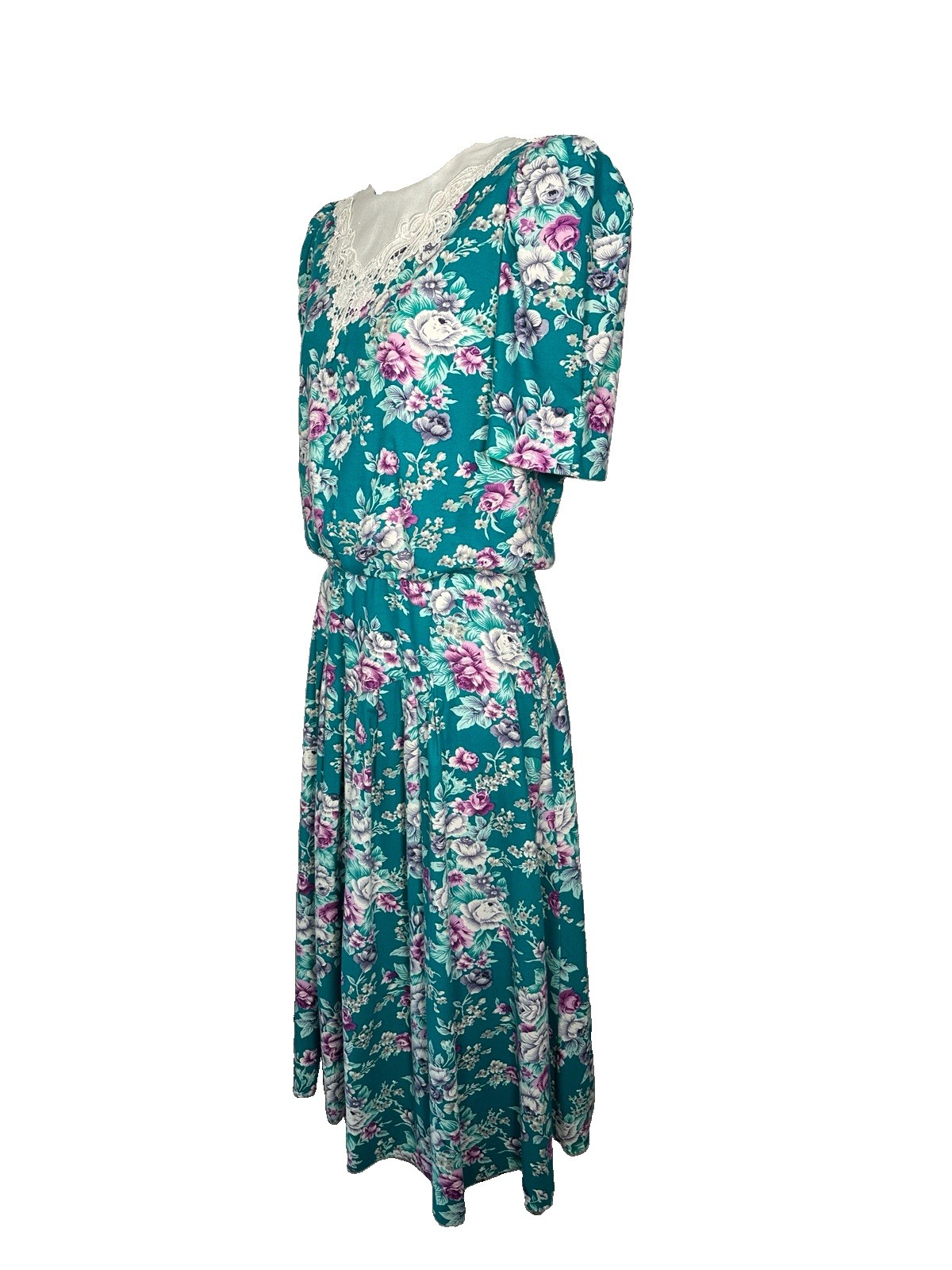 Vtg 80s Cottagecore Floral Dress Puff Sleeve Garden Party Romantic 40s Style M