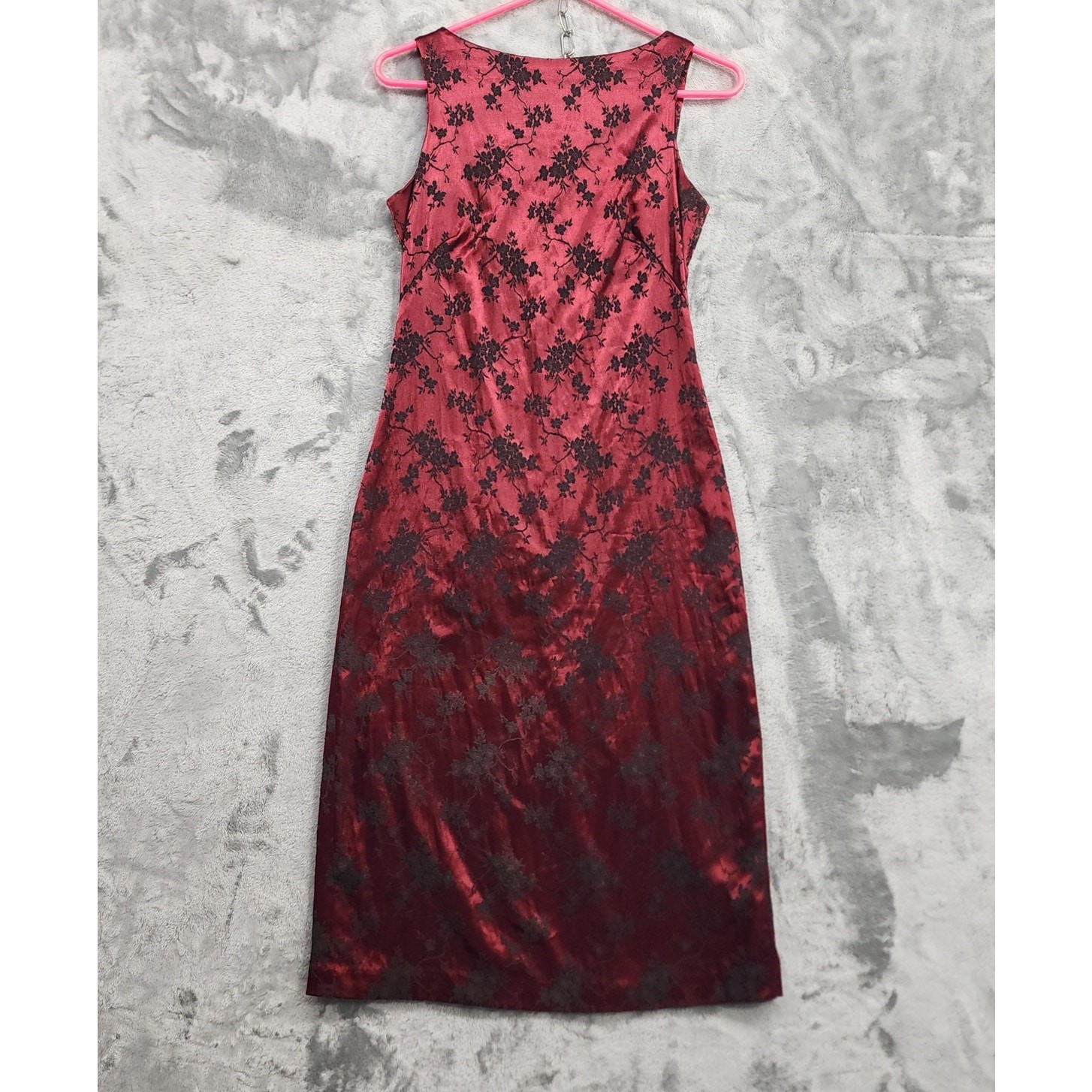 Vintage 90s CDC Dress Womens 4 Red Black Satin Flocked Floral Sleeveless Sheath
