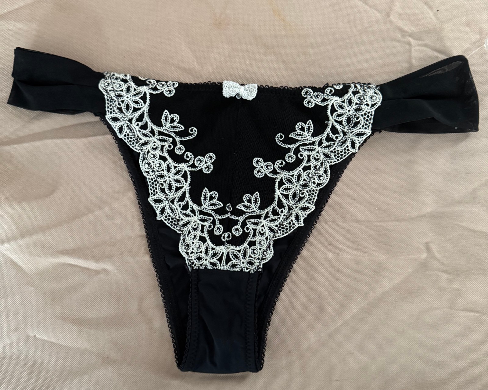Vintage Valisare Black Sheer Nylon Lacy G-String Bikini Panties Sissy L