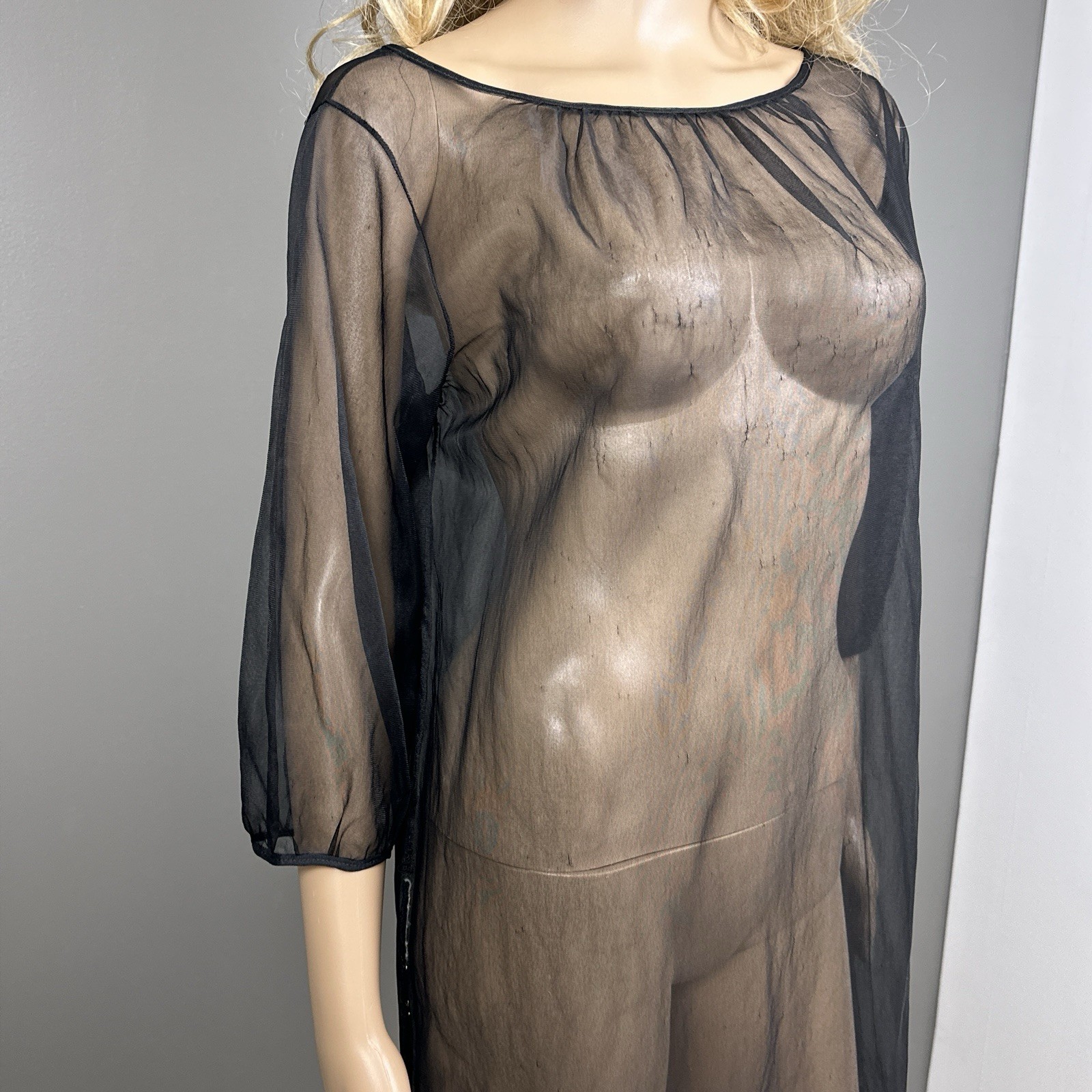 Vintage Movie Star Sheer Black Nylon Boudoir Peignoir Overgown Dress Large USA
