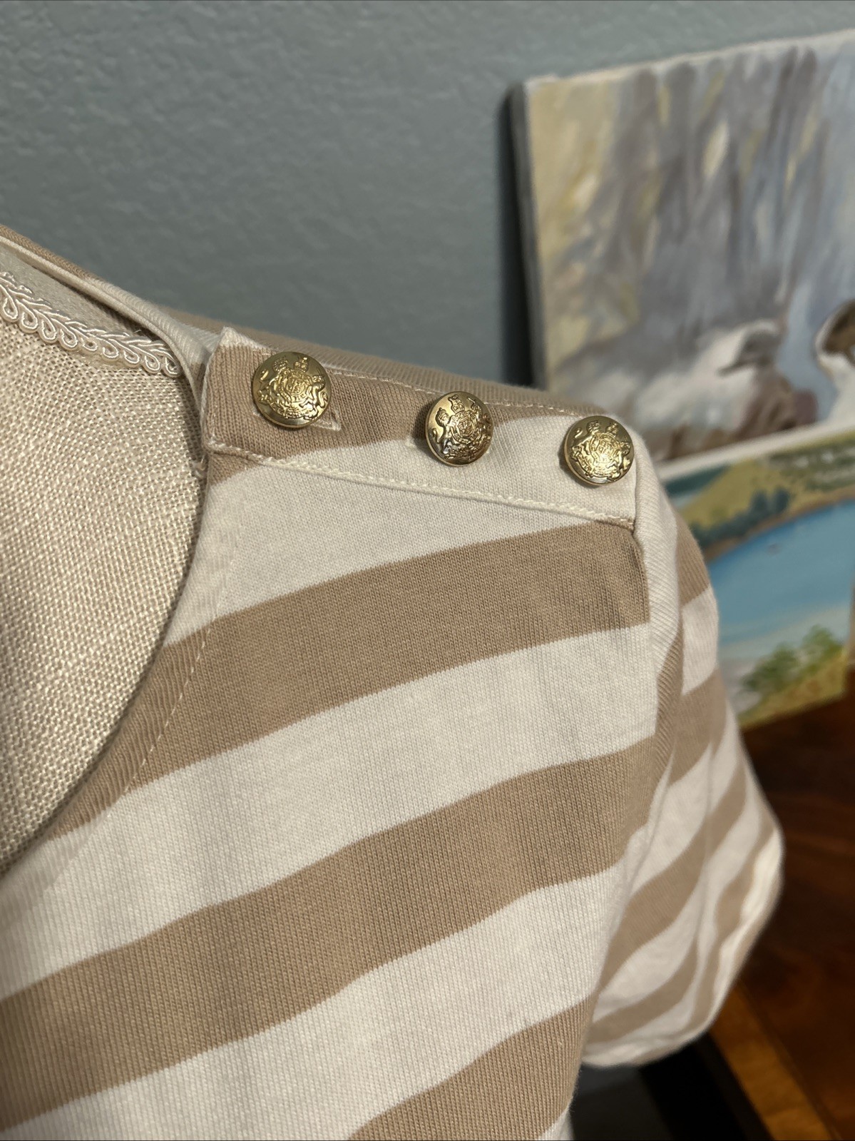 J. Crew Heavy Cotton Striped T-Shirt With Gold Buttons Size Medium