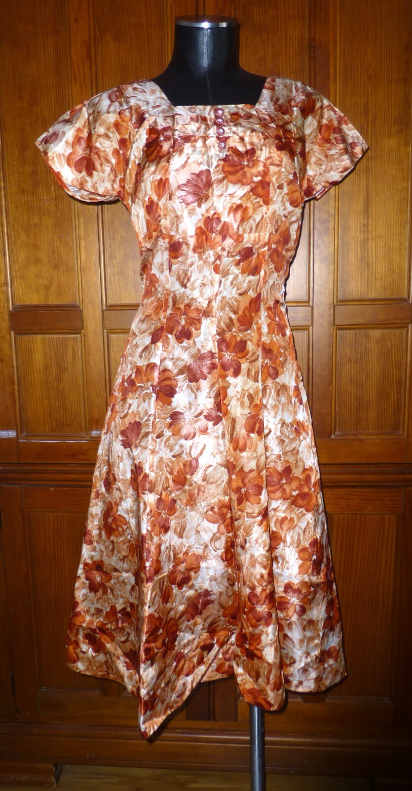 Vtg 50s 60s Watercolor Floral Print satin Princess Seam Wide Skirt DRESS M