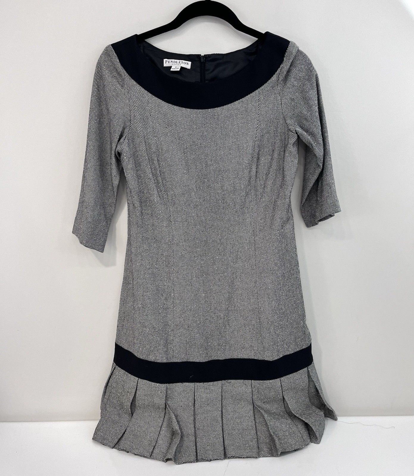 Pendleton Wool Silk Blend Dress Black Size 6 Petite Pleated Drop Waist Vintage