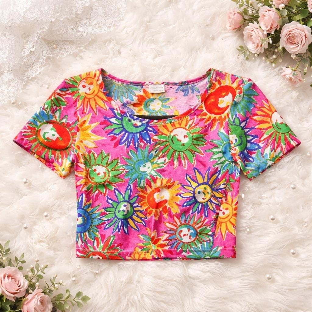 Vintage United Colors of Benetton M Sun Print Crop Top Pink Multi Made in Italy