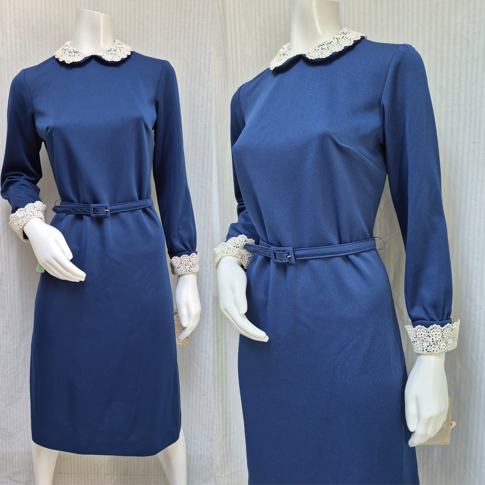 NWT Vintage 1960s MARCY LYNN Blue Knit Peter Pan Collar Dress + Belt – Size M