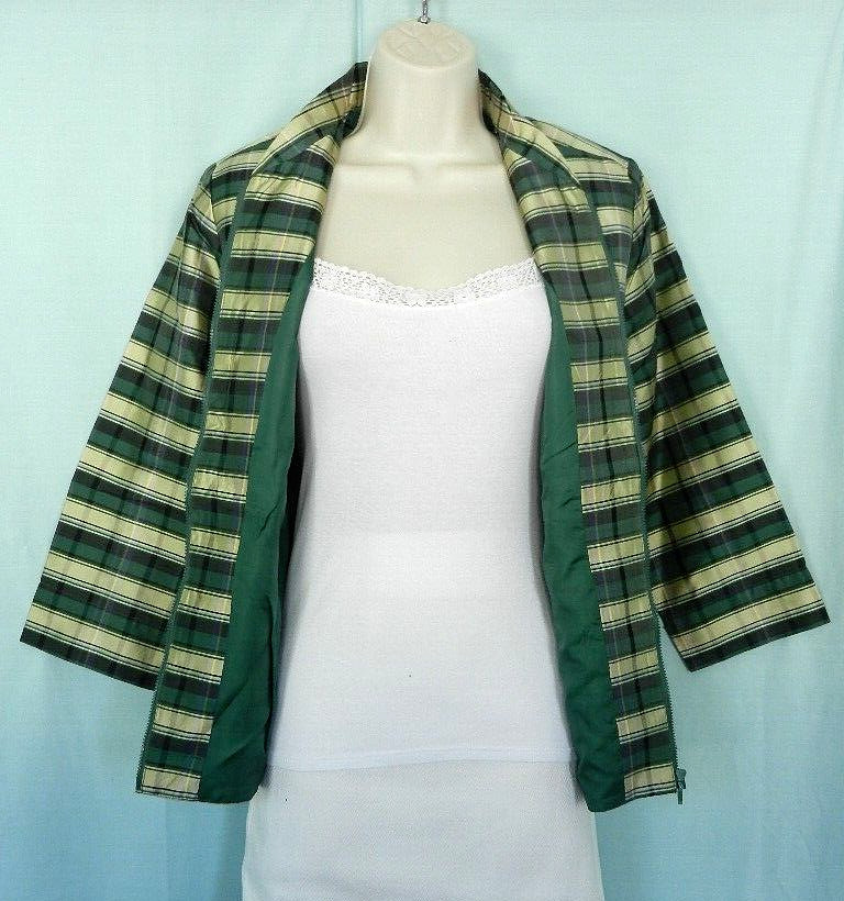 VTG. 2000s SILKLAND Raw Silk Green Plaid Lined 3/4 Sleeve Lightweight Jacket M