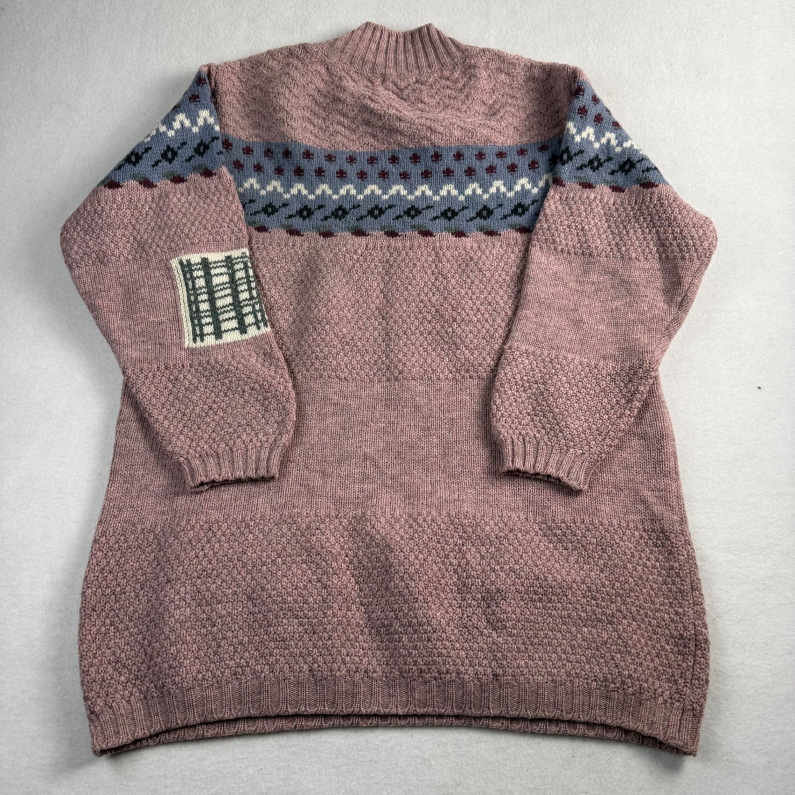 Vintage Sisley Made in Italy Patchwork Knit Sweater Mauve Pink V-Neck Pullover