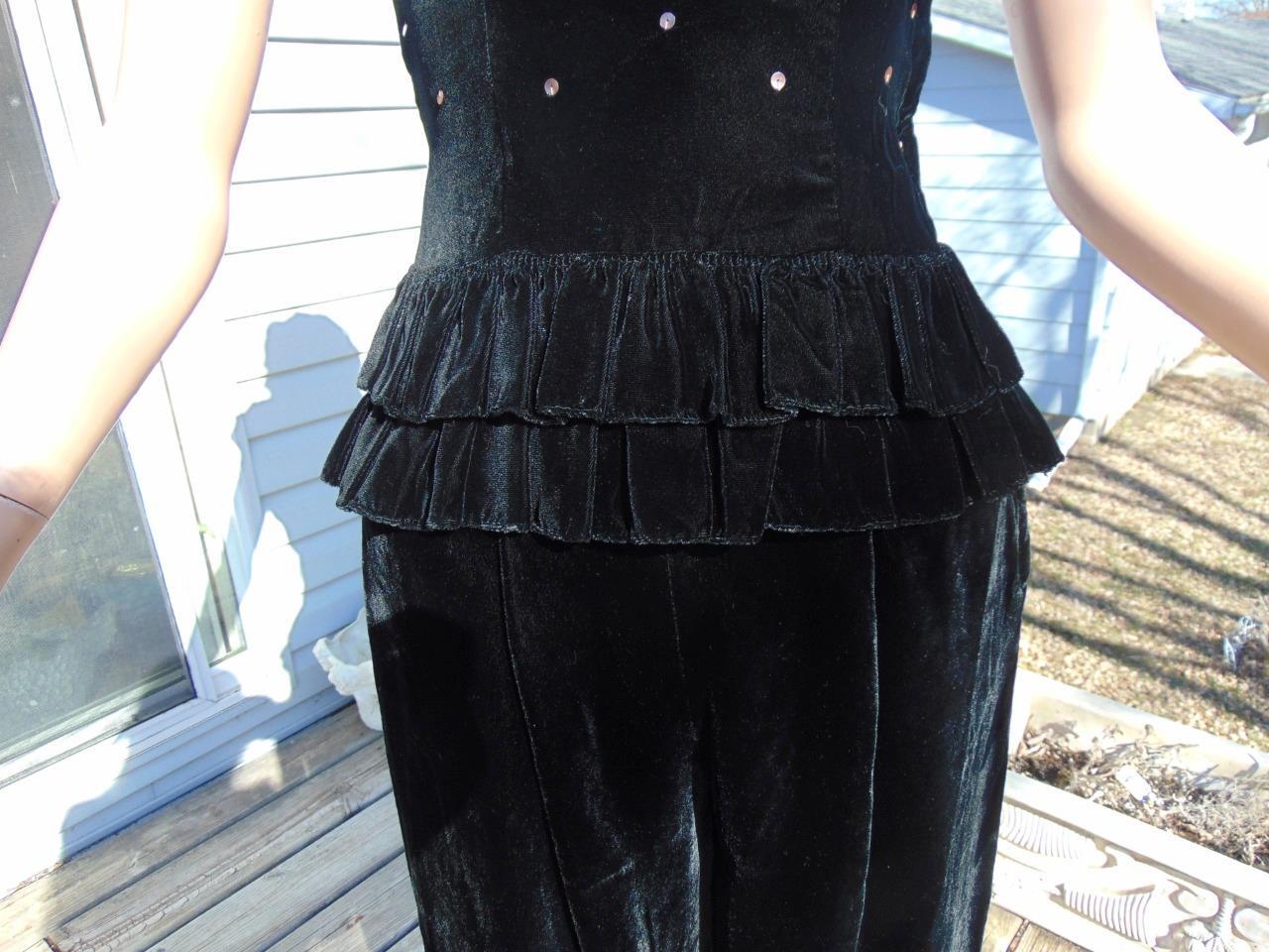 VTG 40s Black Silk Velvet Wide Leg Pants & Sequin Top Sm 26W