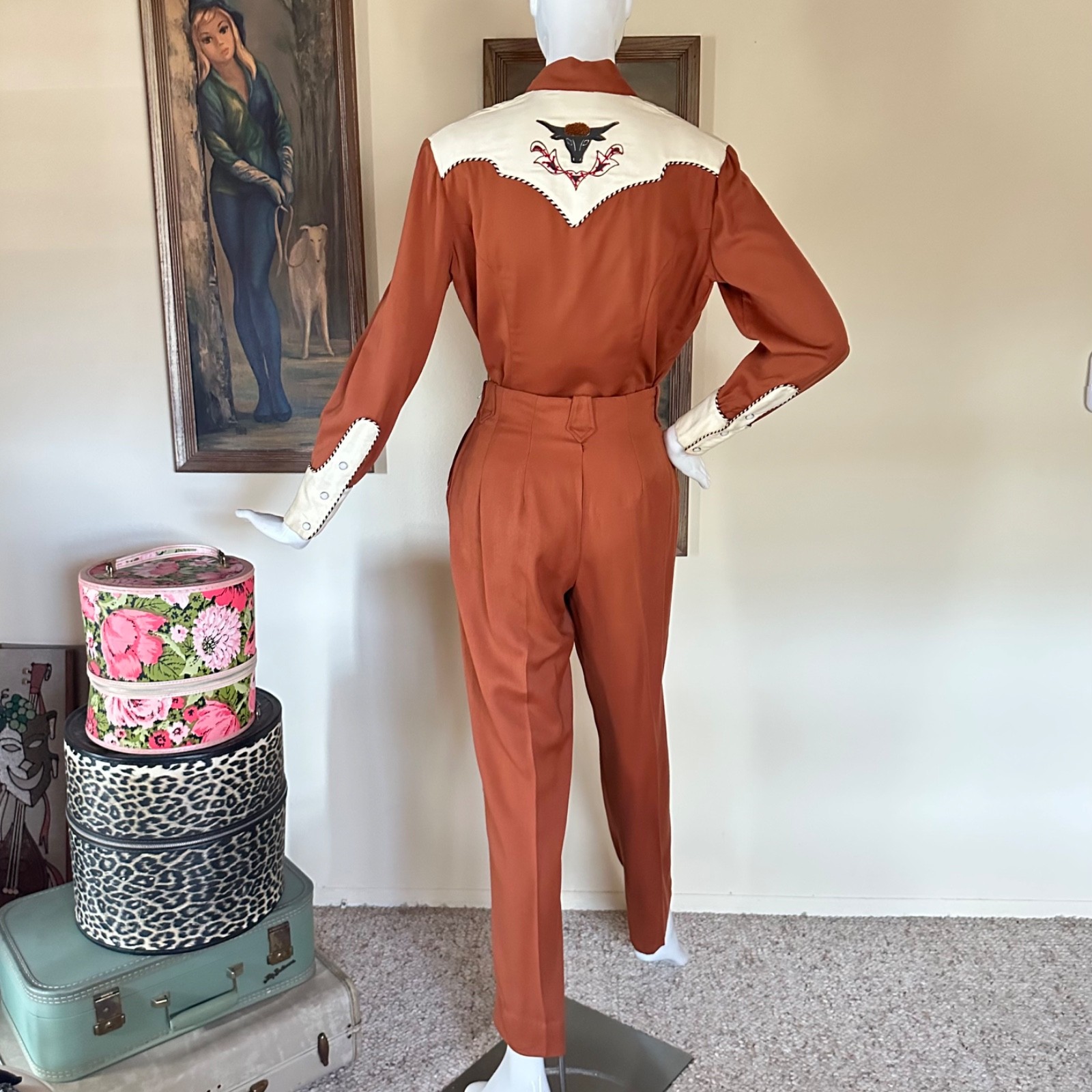 Vtg 1940s Embroidered Ranch Maid Western Wear 2 PC Shirt Pants Suit Rockabilly S