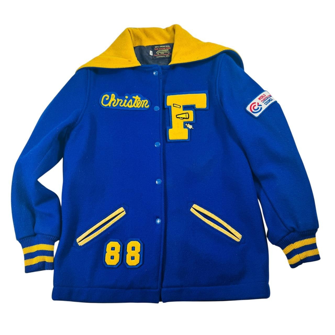 Vintage 1980s Skookum Letterman Cheerleader Jacket Blue Yellow Wool USA Size 36