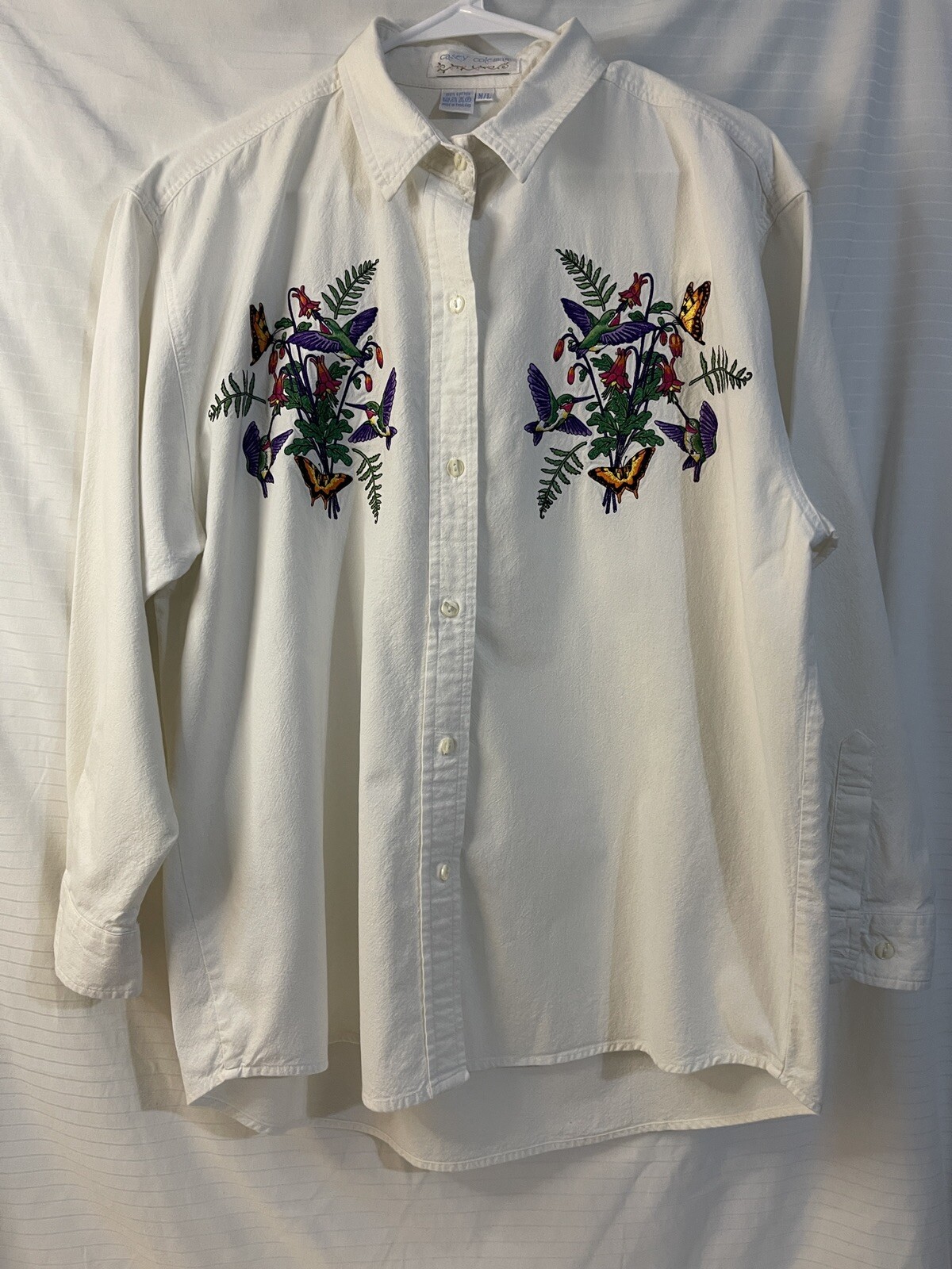 Vintage Women’s Casey Coleman Embroidered Hummingbirds White Button Up Size M/L
