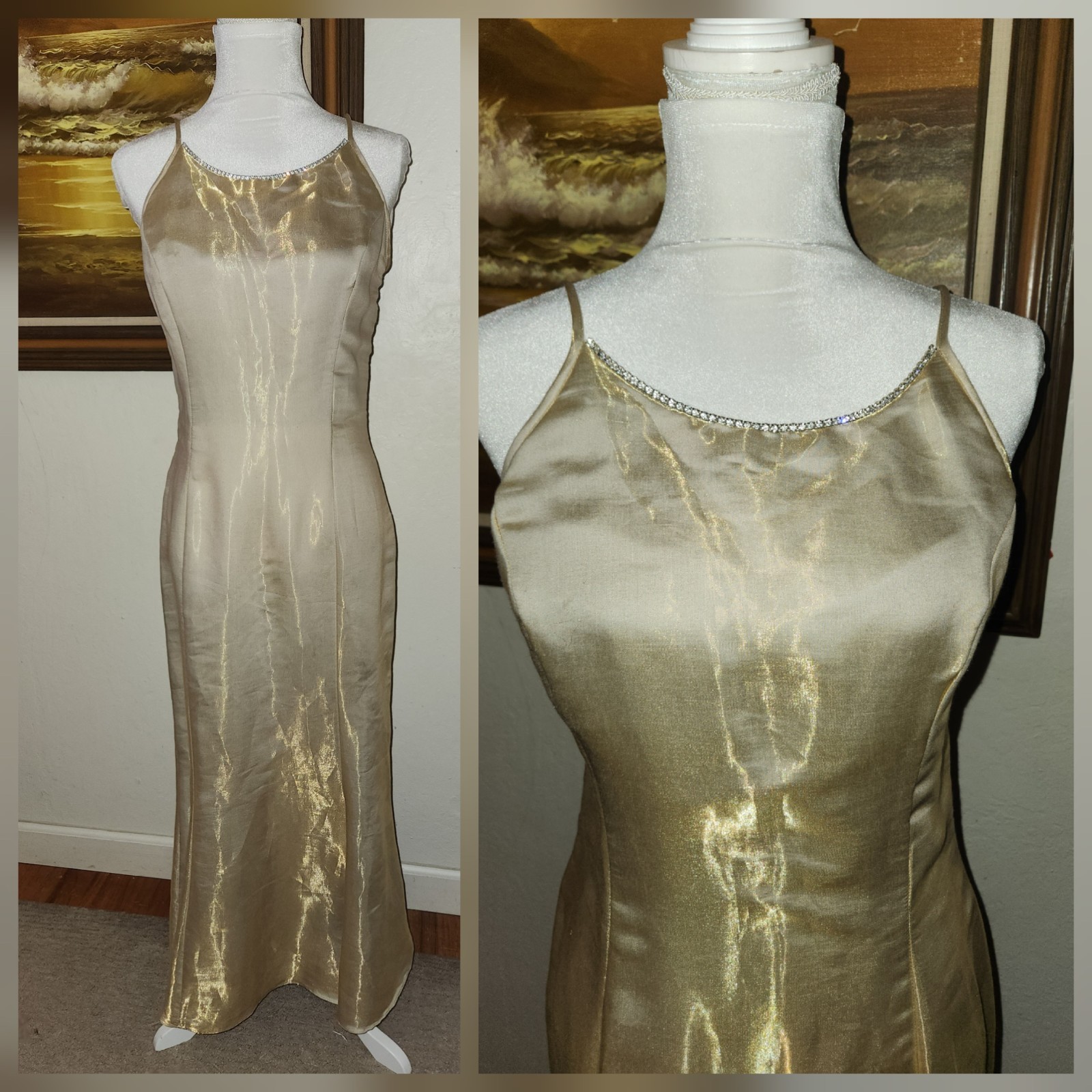 Vintage 1990s Scott McClintock Shimmery Gold Maxi Prom Dress Size 10 Rhinestone