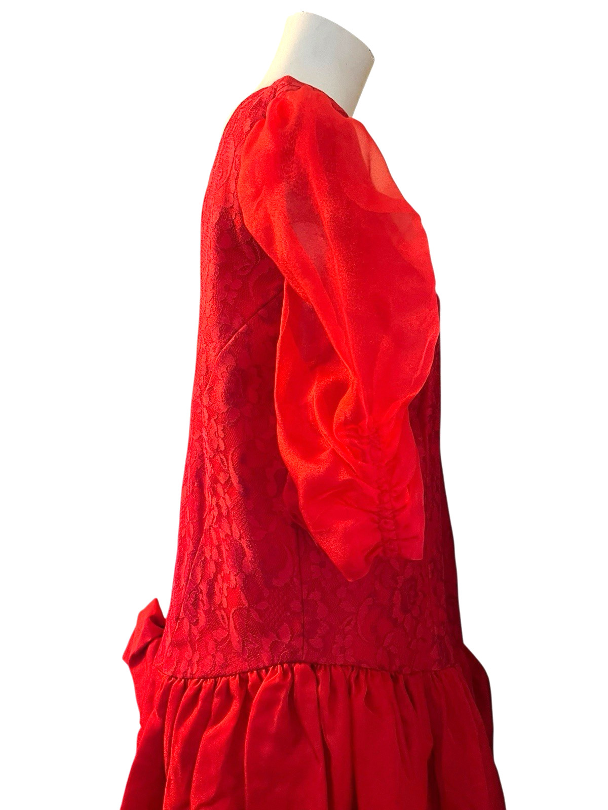 XL Red Puff Sleeve Lace Satin Bow Retro Gown 1950s Handmade Tulle Maxi Dress