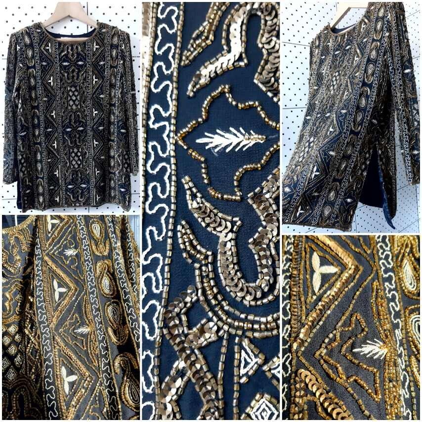 Vintage COLLAGE Women Blouse Beaded Embroidery Sequins Indian Style Pattern US-6