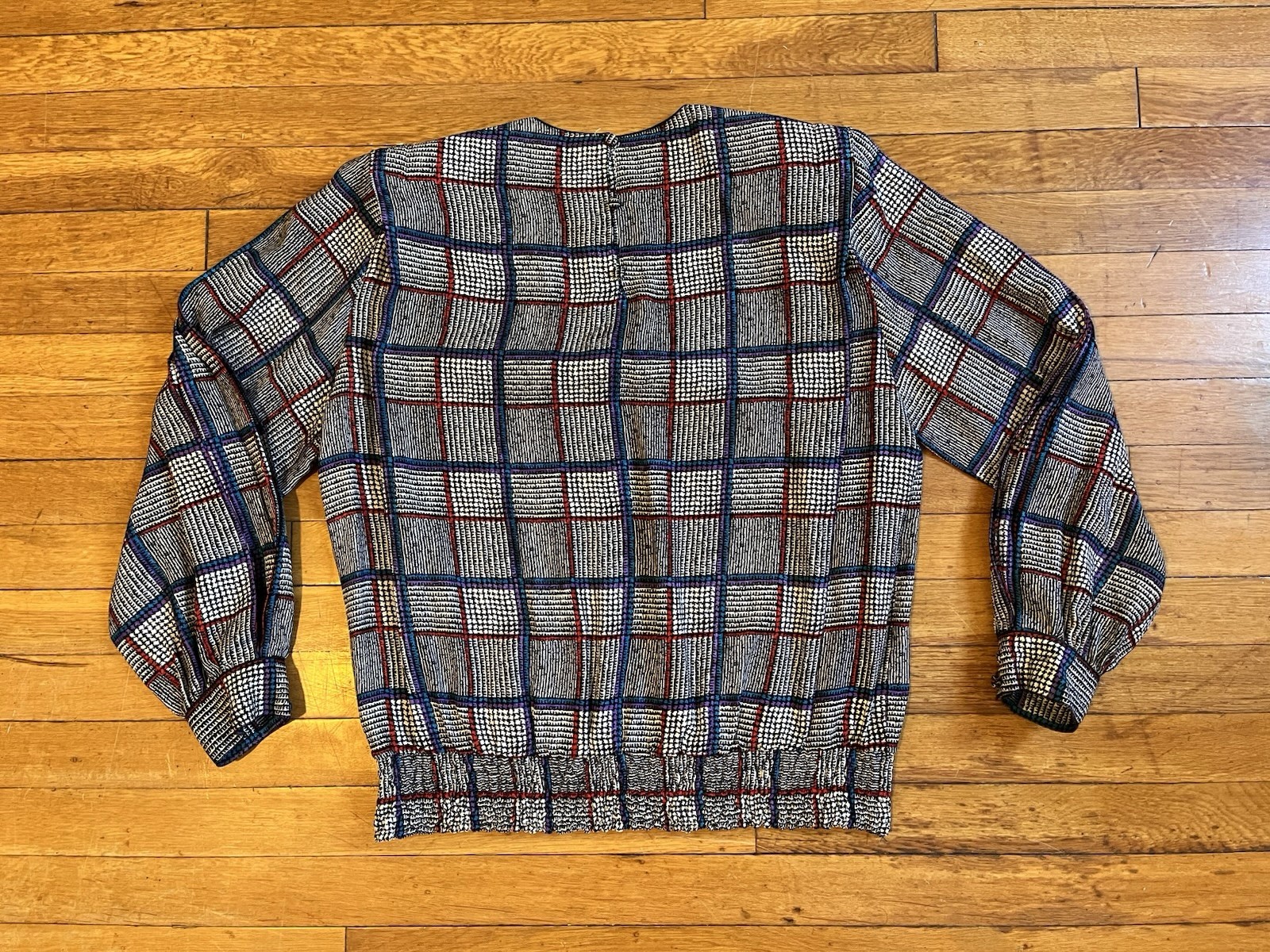 VINTAGE Starington Silk Blouse Skirt Scarf Set Women’s 12 Plaid Grey Blue 80s