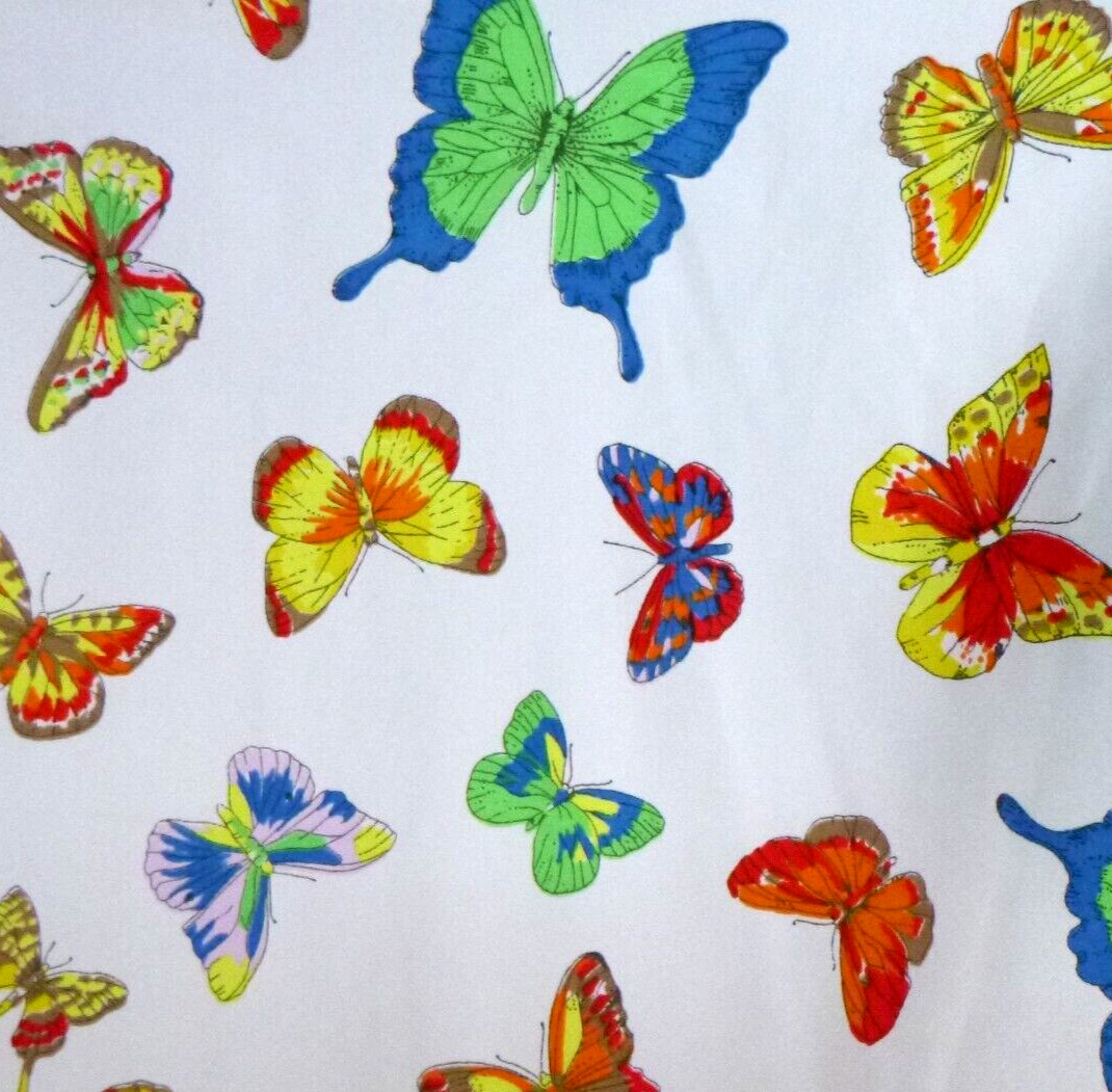 Vtg 70s NPC Fashions Zip Front Woven Poly Shirt Top Colorful Butterflies Sz 34