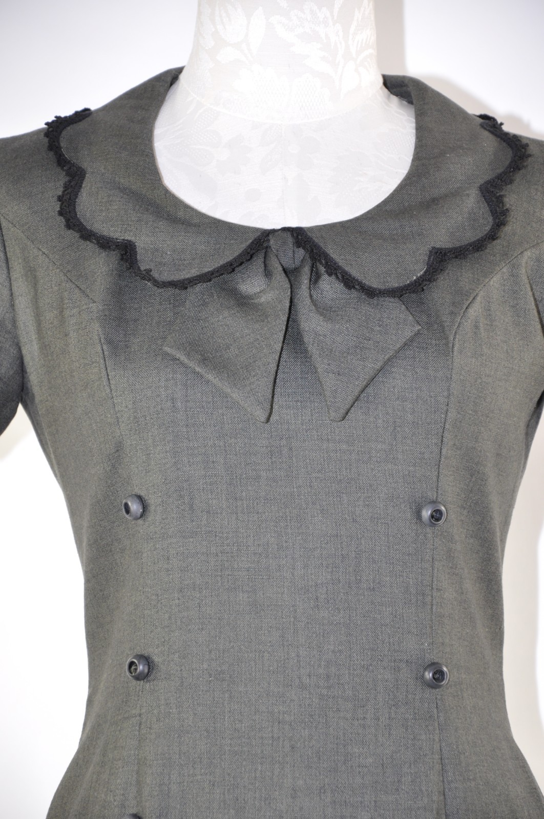 60s Vintage Dark Green Cotton Canvas Scallop Peter Pan Collar Mod Dress Women S