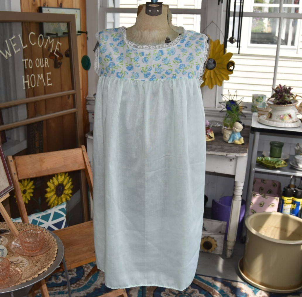1960s Sleeveless Floral Nightgown: Blue Flowers, White Lace Trim, Green, Medium