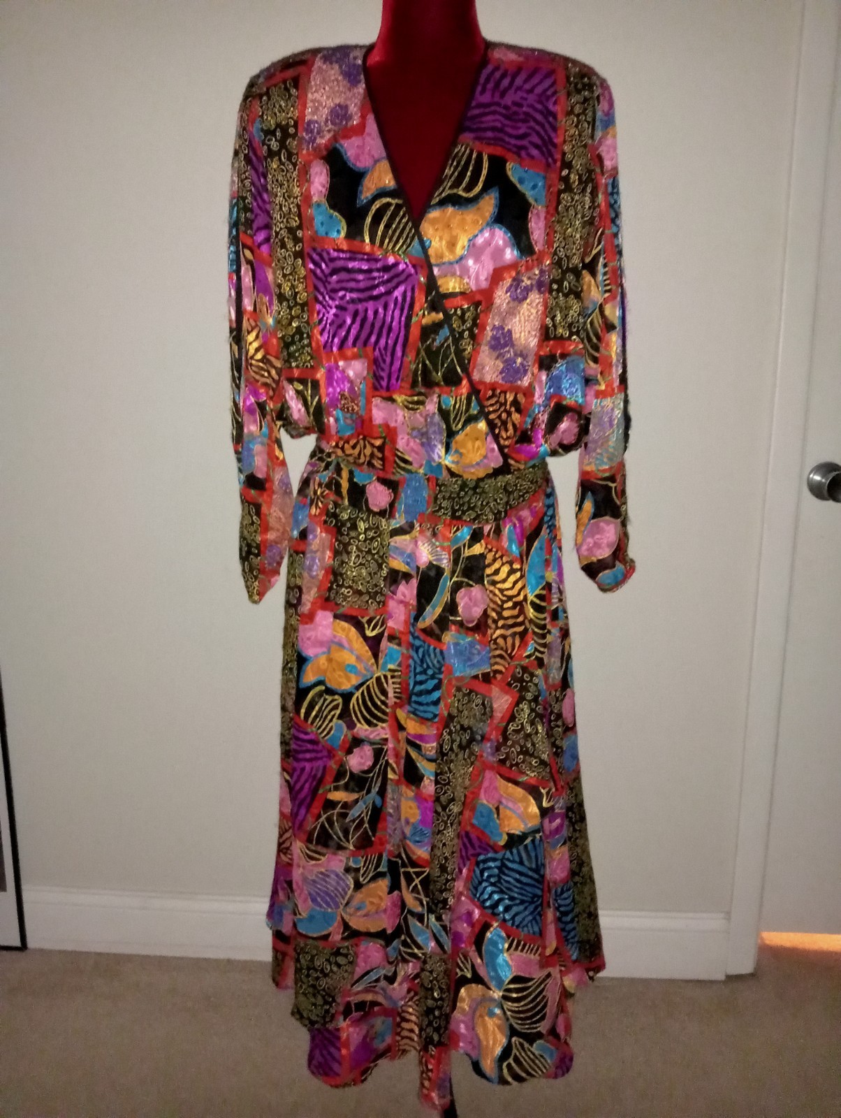 Vintage Diane Freis Georgette Maxi Dress purple turquoise black vibrant Boho