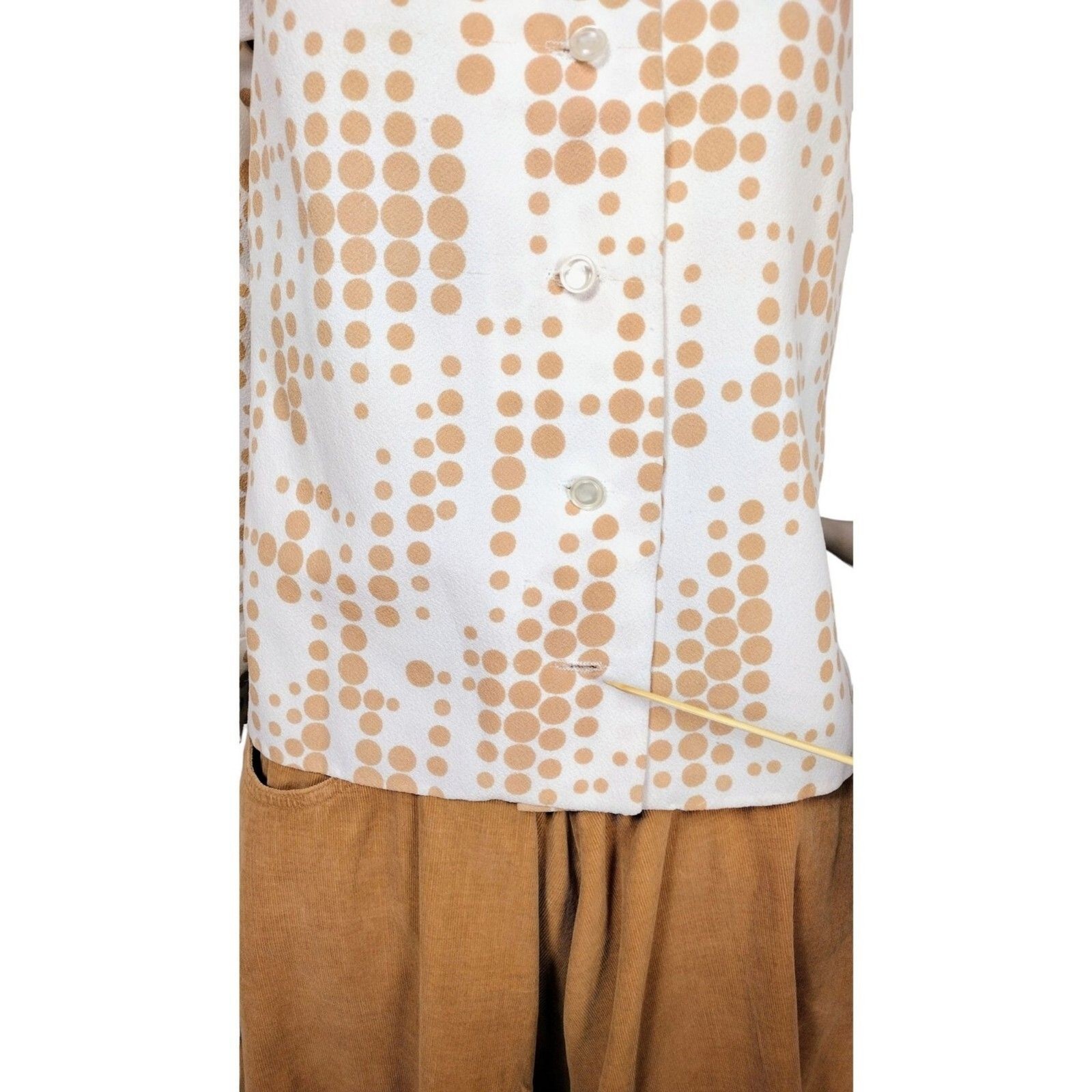 Vintage White Tan Polka Dot 60’s 70’s Button-Down Shirt Size XS/S/M