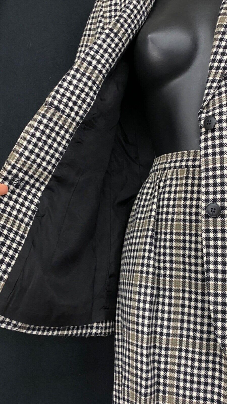 Vintage wool plaid black white gray suit jacket blazer skirt set outfit XS S
