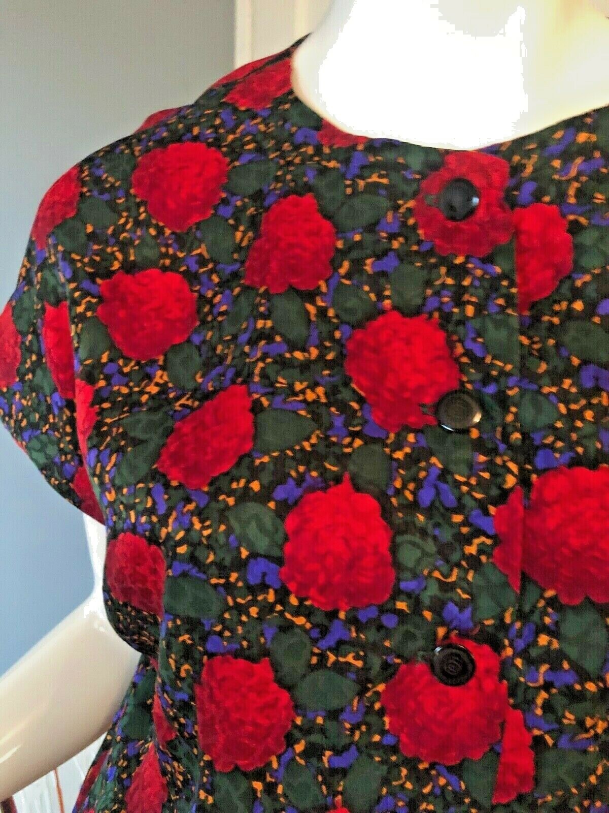 Dress M Vtg 80s Silk ART FLORAL Button Front TROPHY Sexy Secretary WEDDING GUEST