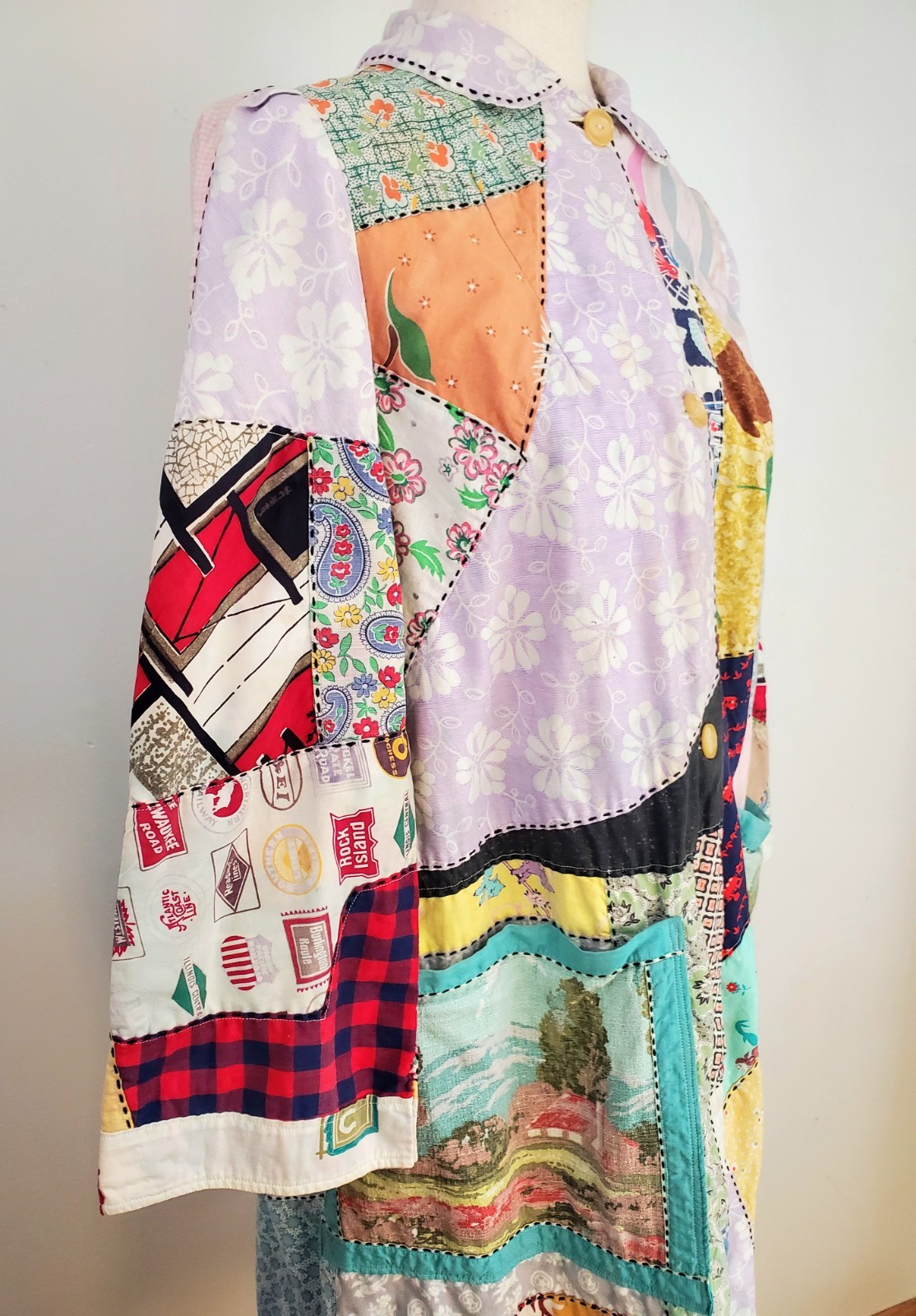 Vintage 1950s Crazy Quilt Chore Coat Jacket Patchwork Magnolia Pearl Handmade
