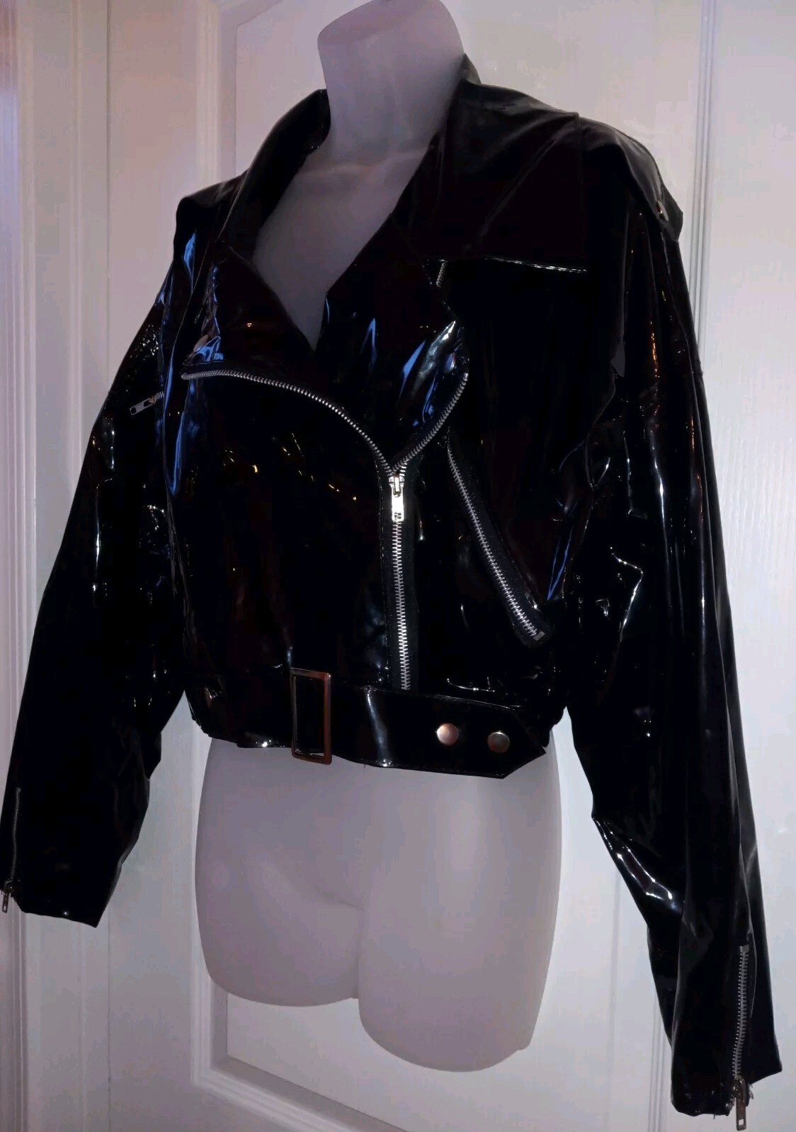 Vintage 80s Black Vinyl Cropped Motorcycle Jacket Downtown Wippette Kenn Sporn L