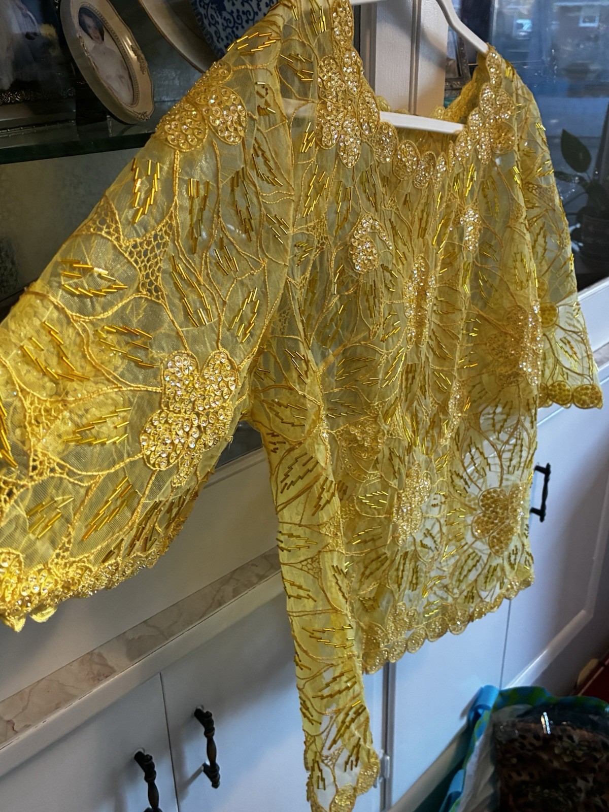 Yellow Vintage 1990s Beaded Sequin Sheer Short Sleeve Blouse Festive Glam S/M