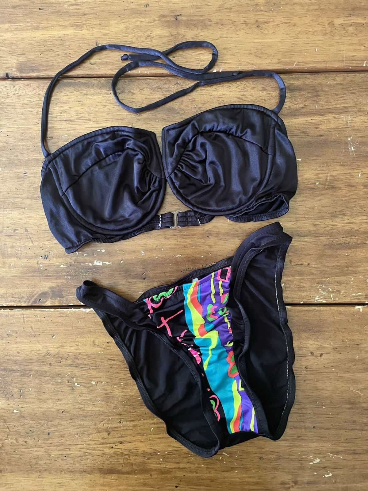 VTG 80s HOBIE Neon Bikini Bottoms Sunsets Top High Cut Legs 7/8 32 D Small S