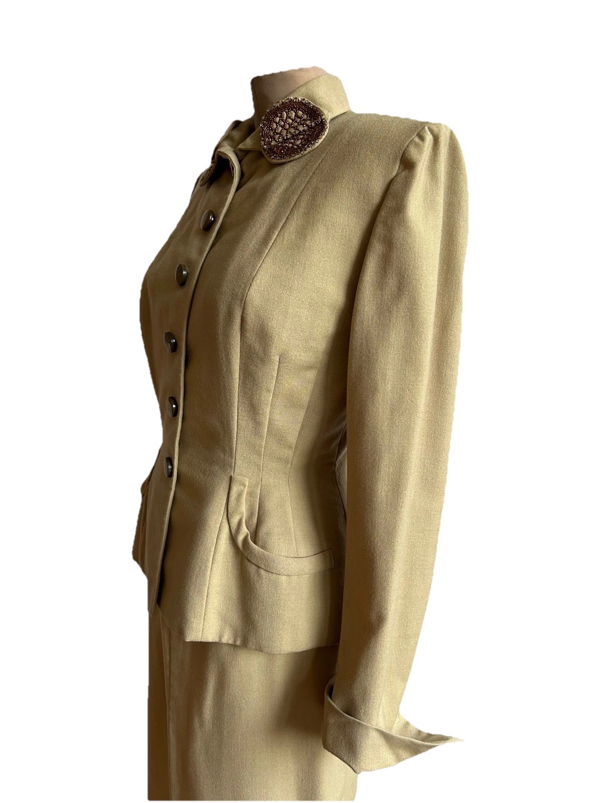 Vintage 1940s Courtshire Fashion Wool 2pc Suit Khaki Tailored Maisel WW2 Era S M