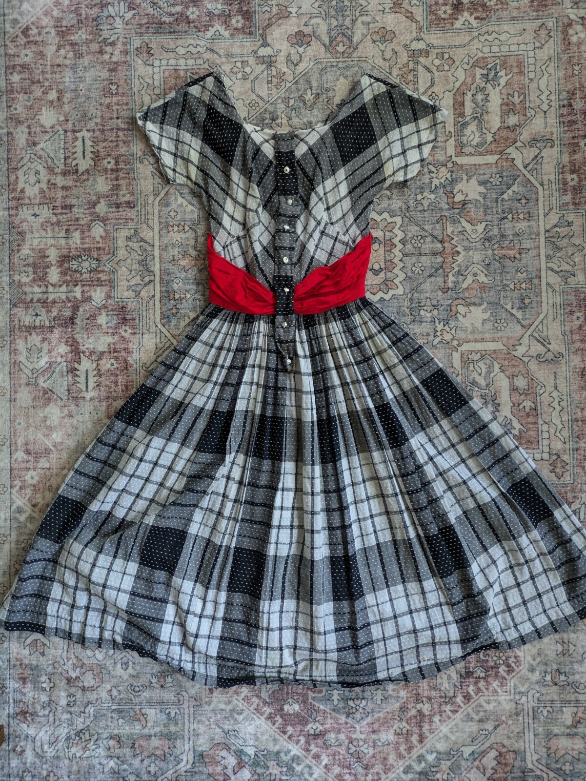 Vintage 1950s Lana Lobell Plaid Dress Red Scarf Waist Short Sleeve