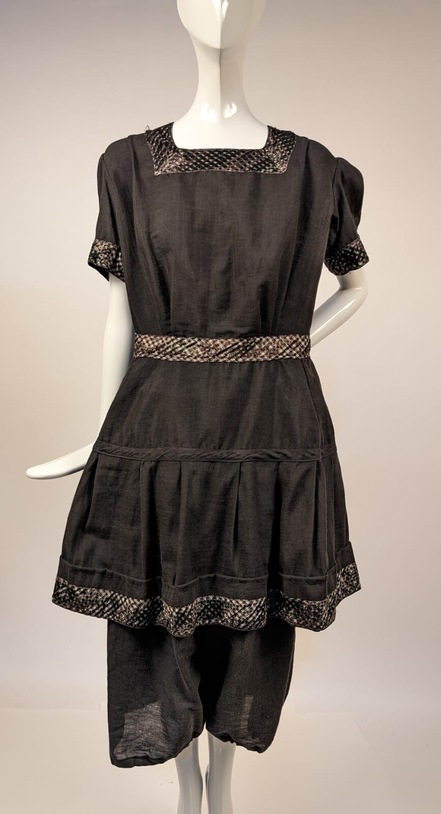 VICTORIAN 19TH C 2 PC BLACK BATHING SUIT W SILK TRIM
