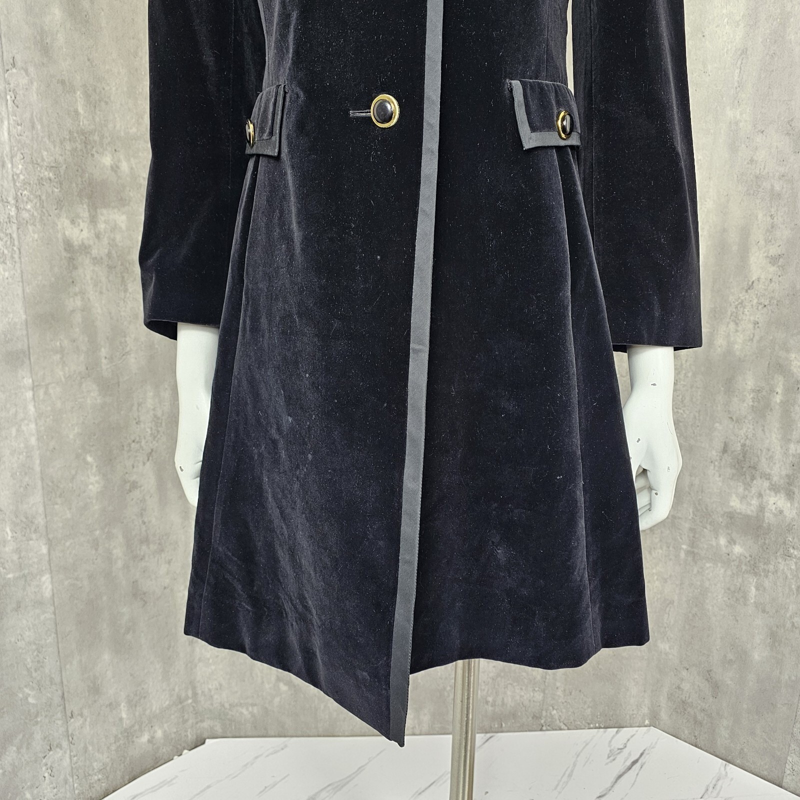 Vintage 60s Modelle Black Velveteen Pea Coat Gothic Victorian Mod Womens S