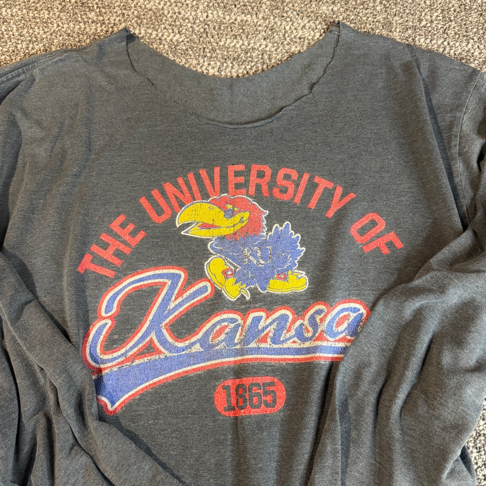 Vintage University of Kansas Jayhawks Distressed Long Sleeve T-Shirt Gray KU L